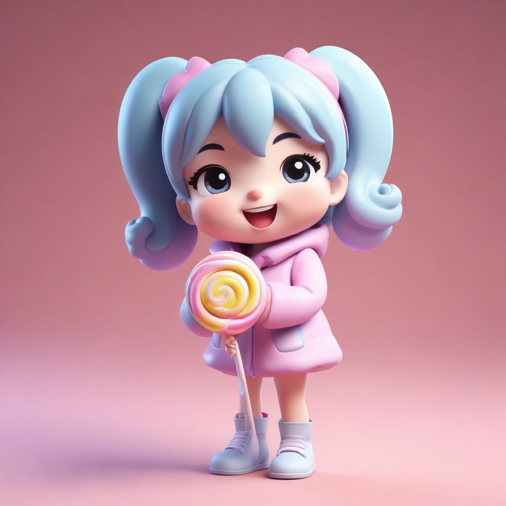 糖果色系AI:抱着巨大棒棒糖的Q版女孩全身3D渲染
