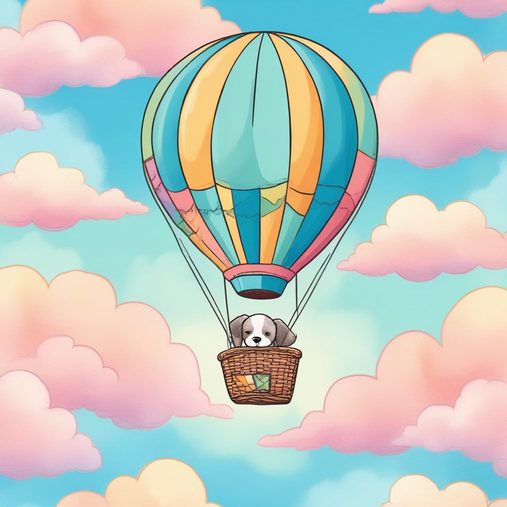 天空冒险手绘：热气球与小狗，治愈系粉彩色插画生成
