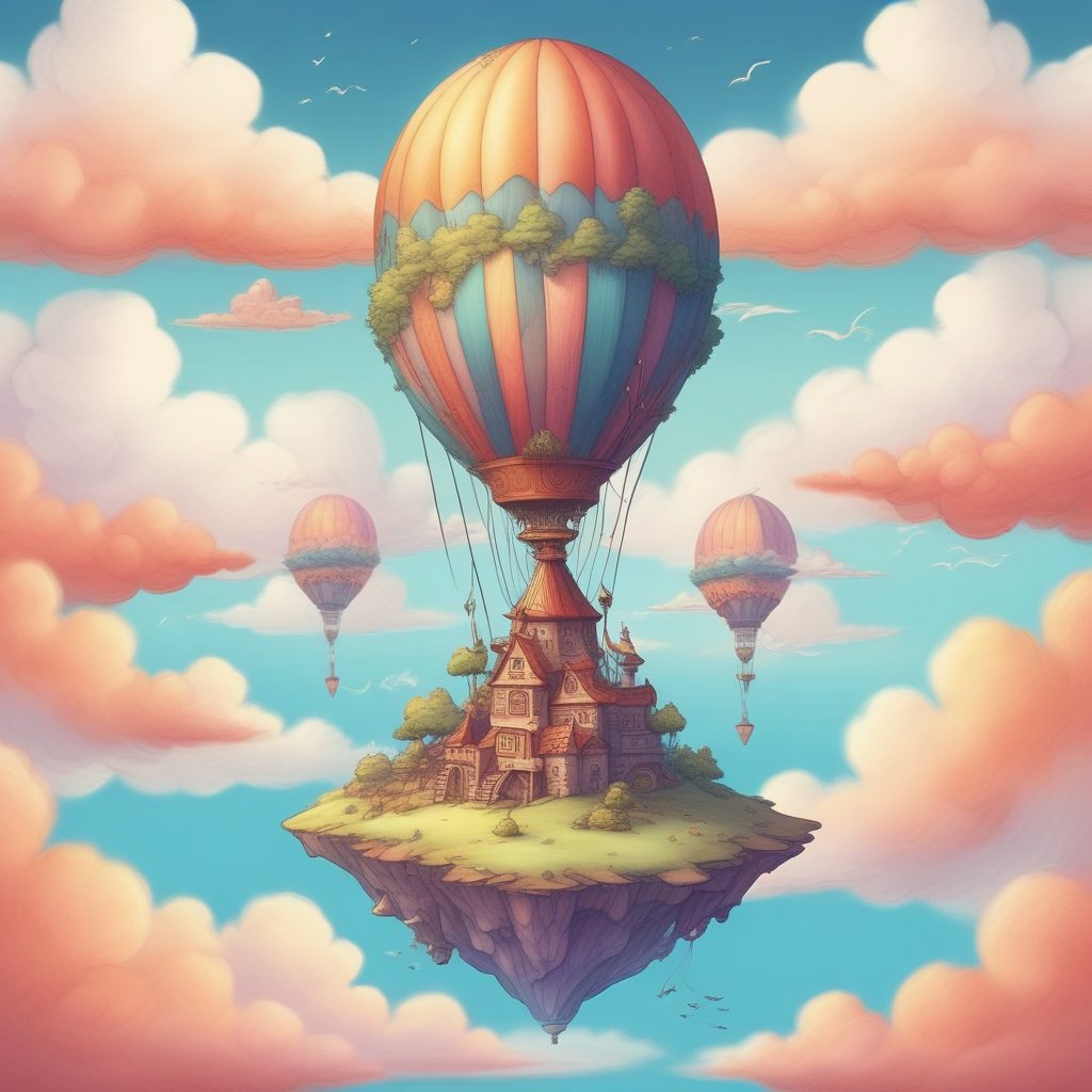 天空之城：漂浮岛屿手绘插画，彩色铅笔童话风，梦幻壁纸