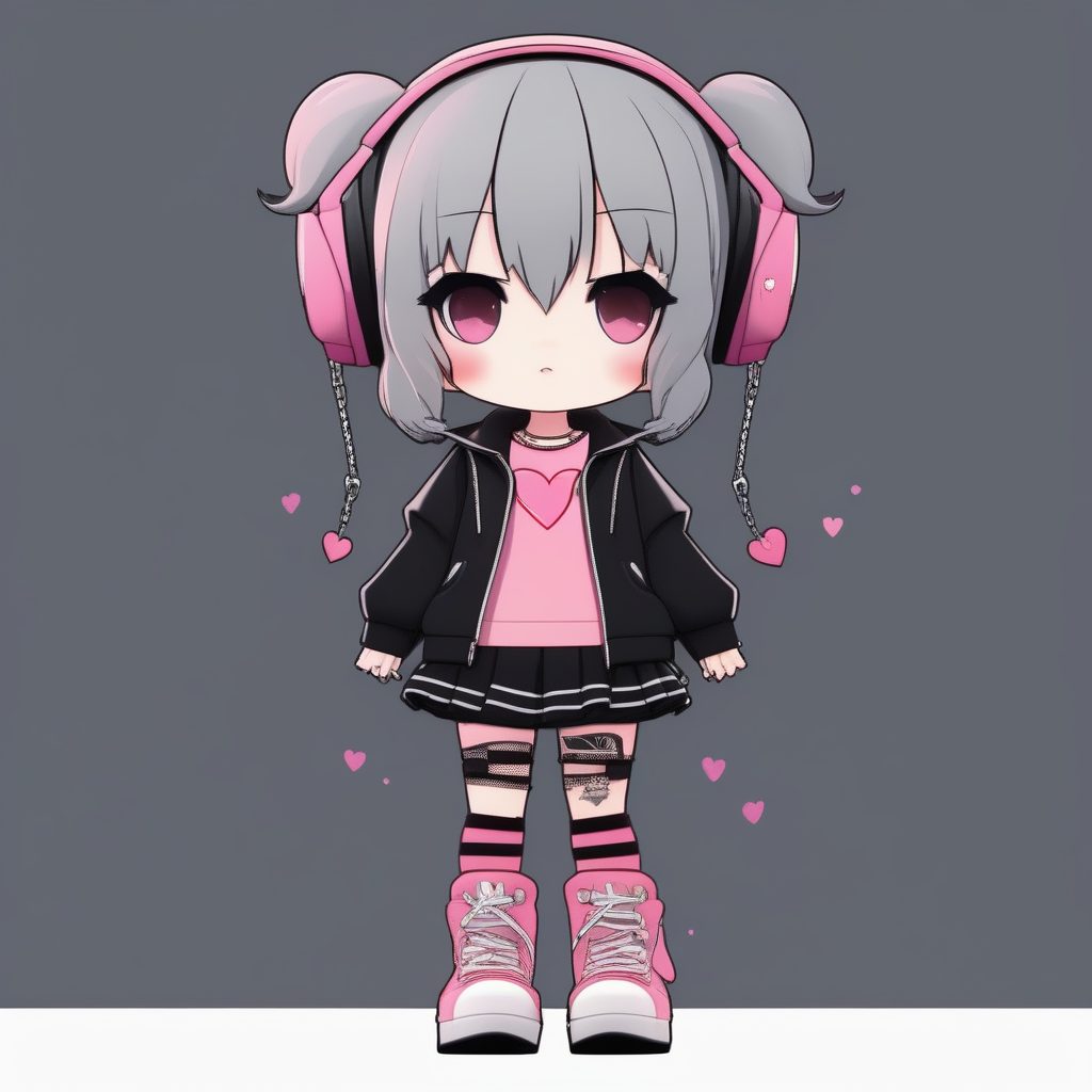 甜酷风AI绘画:哥特少女Chibi全身插画纯色背景提示词秘籍