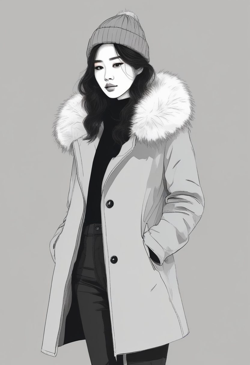 🖤甜酷风顶流：黑白灰极简线稿插画，韩系少女冬日穿搭全身壁纸