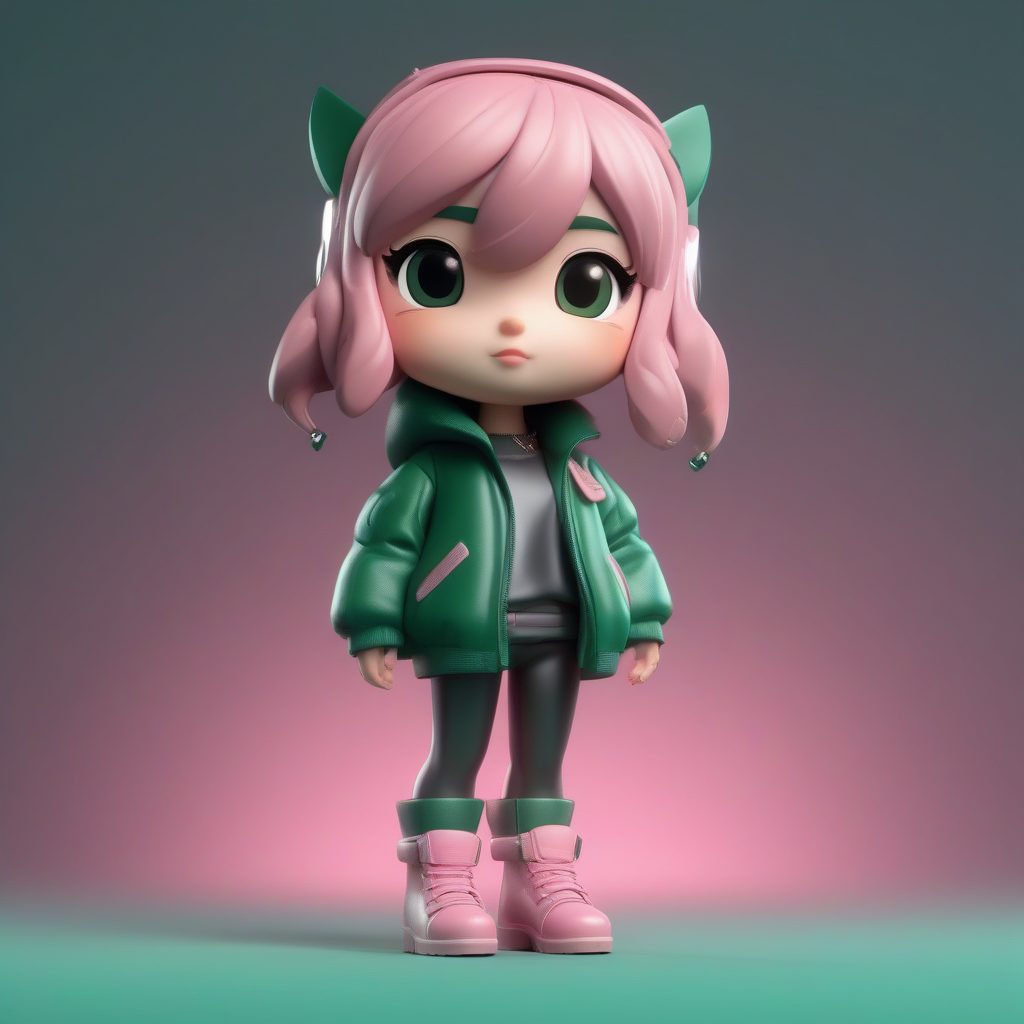 甜酷风Q版:厚底靴与皮革冬装3D盲盒全身立绘AI提示词