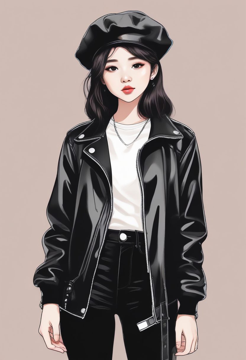 🩰甜酷皮衣！机能风韩系少女极简线稿插画，全身照纯色背景壁纸