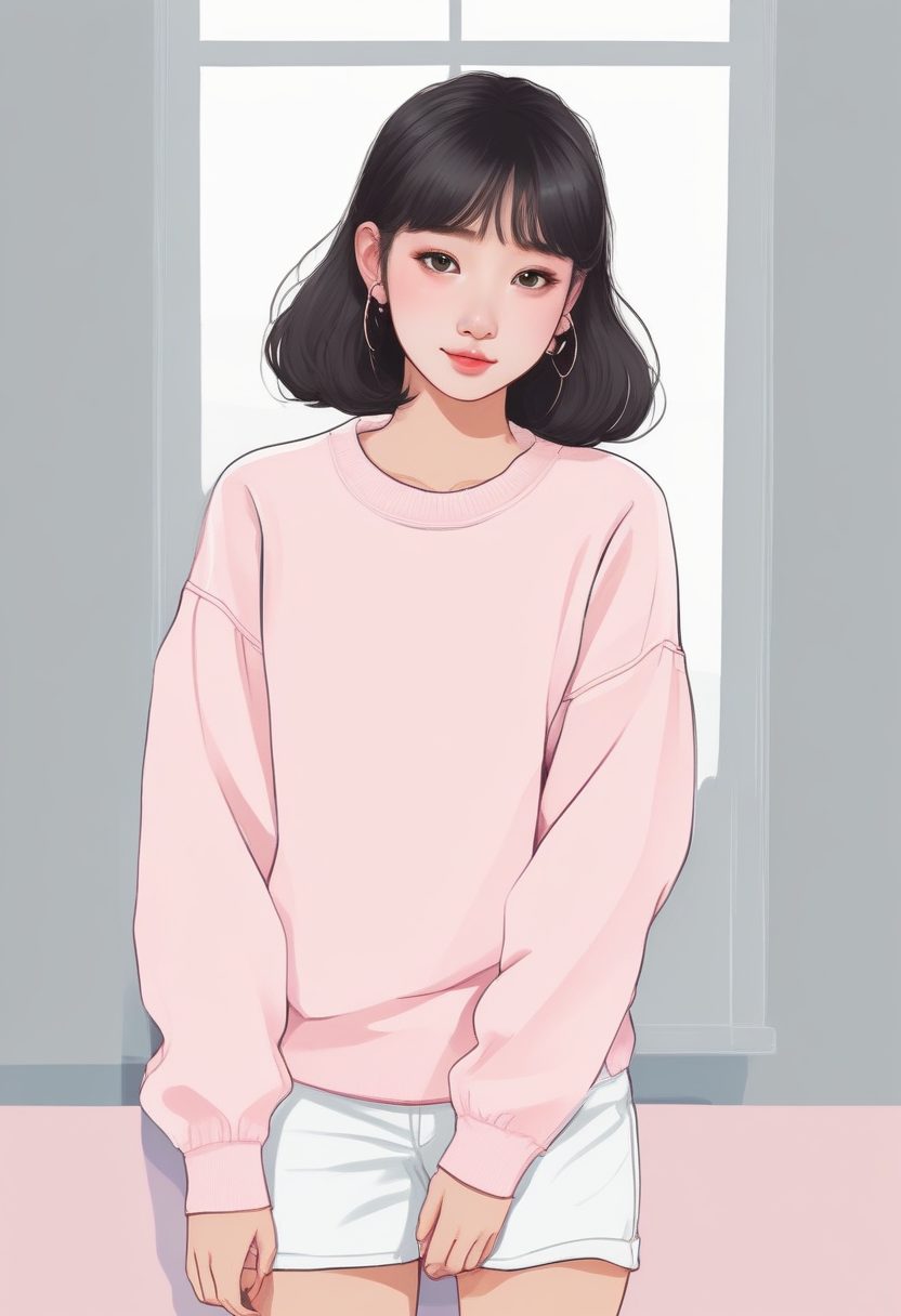 🍭甜美芭蕾风！泡泡袖毛衣韩系少女极简插画，全身照纯色背景图