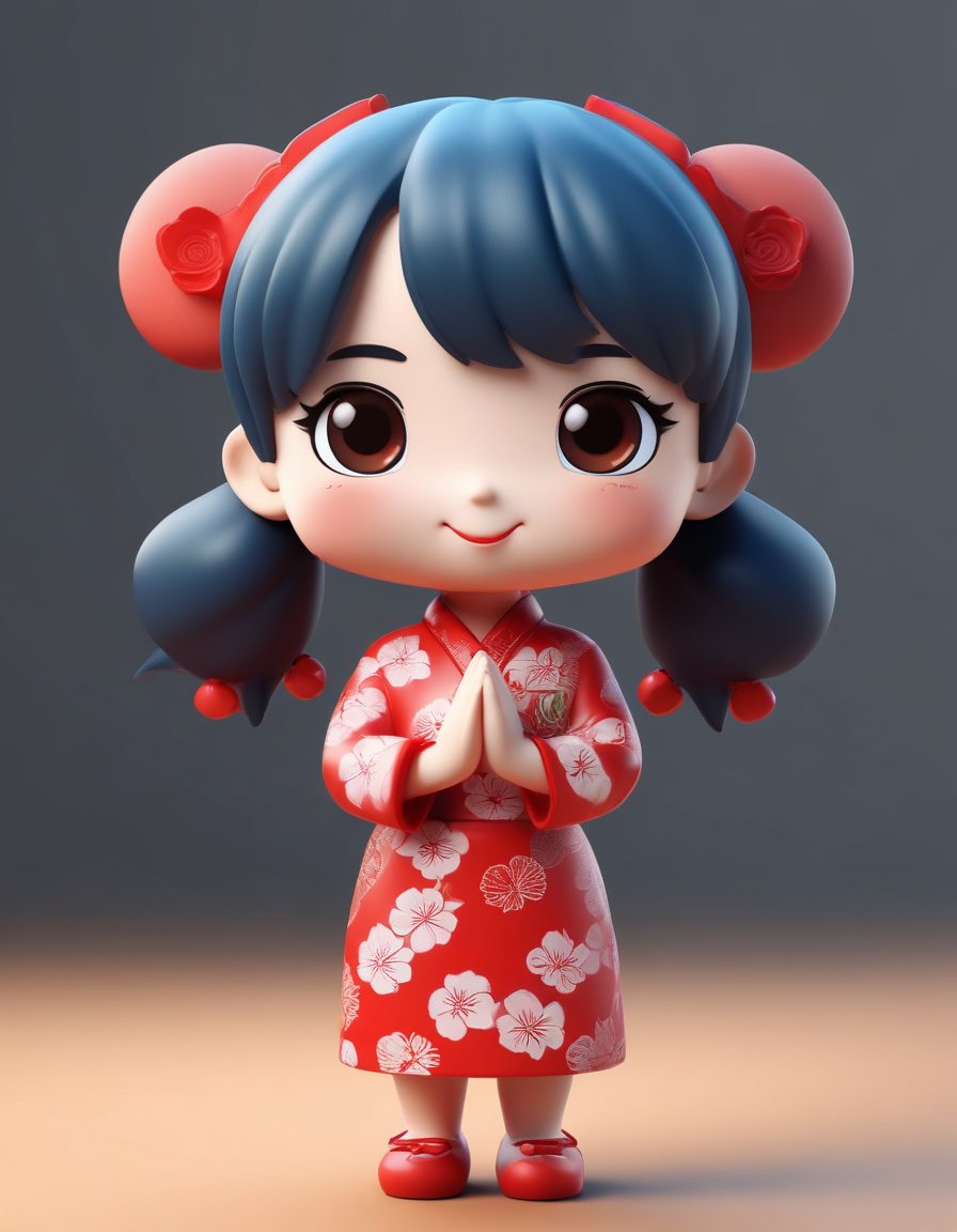 🌸 甜妹必备！比心手势Q版旗袍少女C4D图，纯白背景极简风