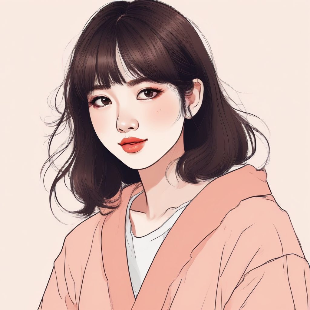 甜妹必备线稿头像：日系少女蜡笔风插画，超萌腮红妆容，纯色背景