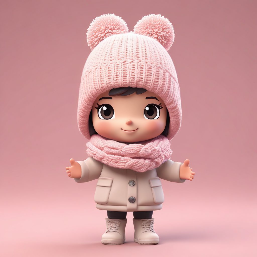 甜美比心Q版:超大毛线帽下的可爱比心手势AI插画