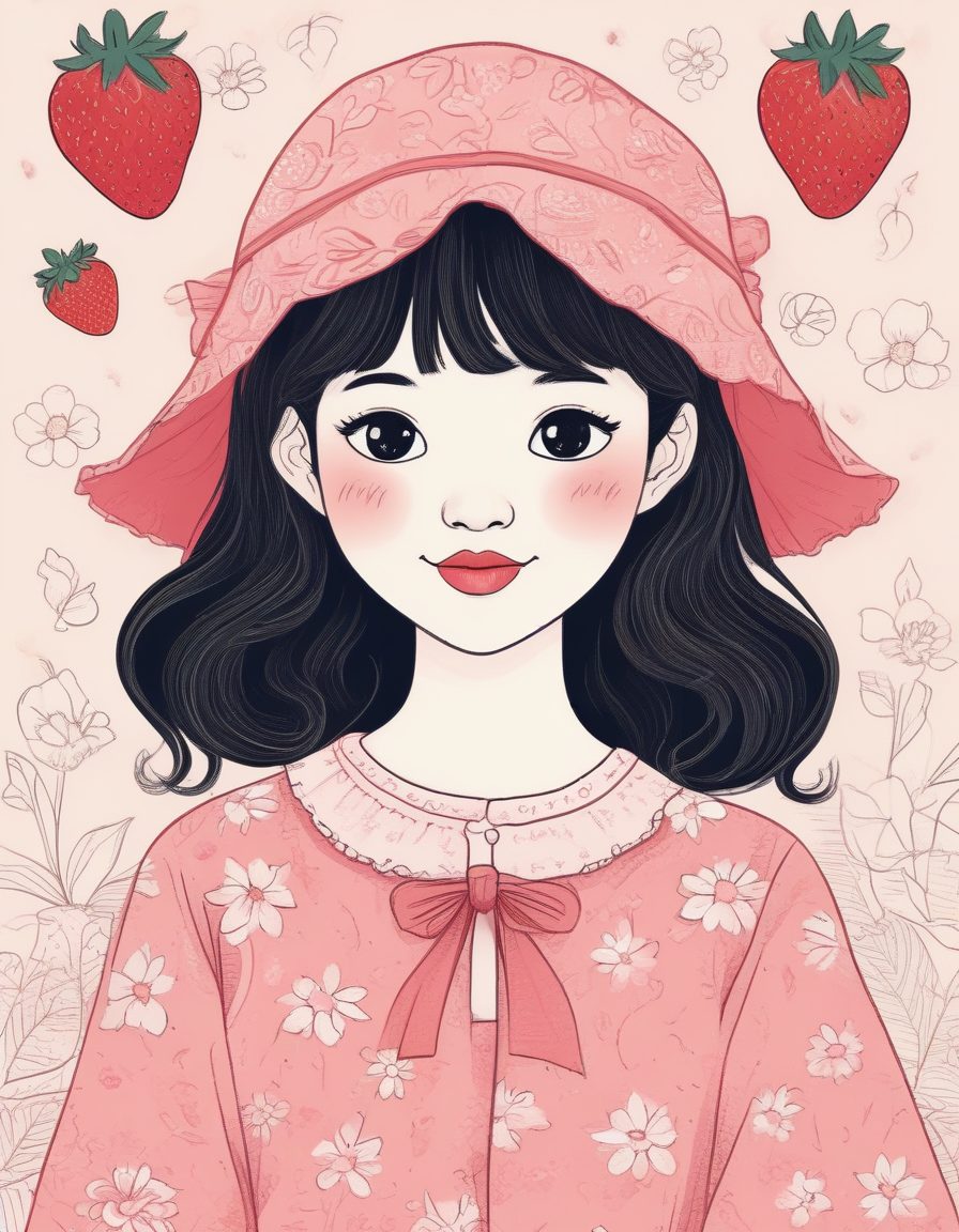 甜美草莓主题：高转化率粉色系线稿少女肖像AI绘画提示词