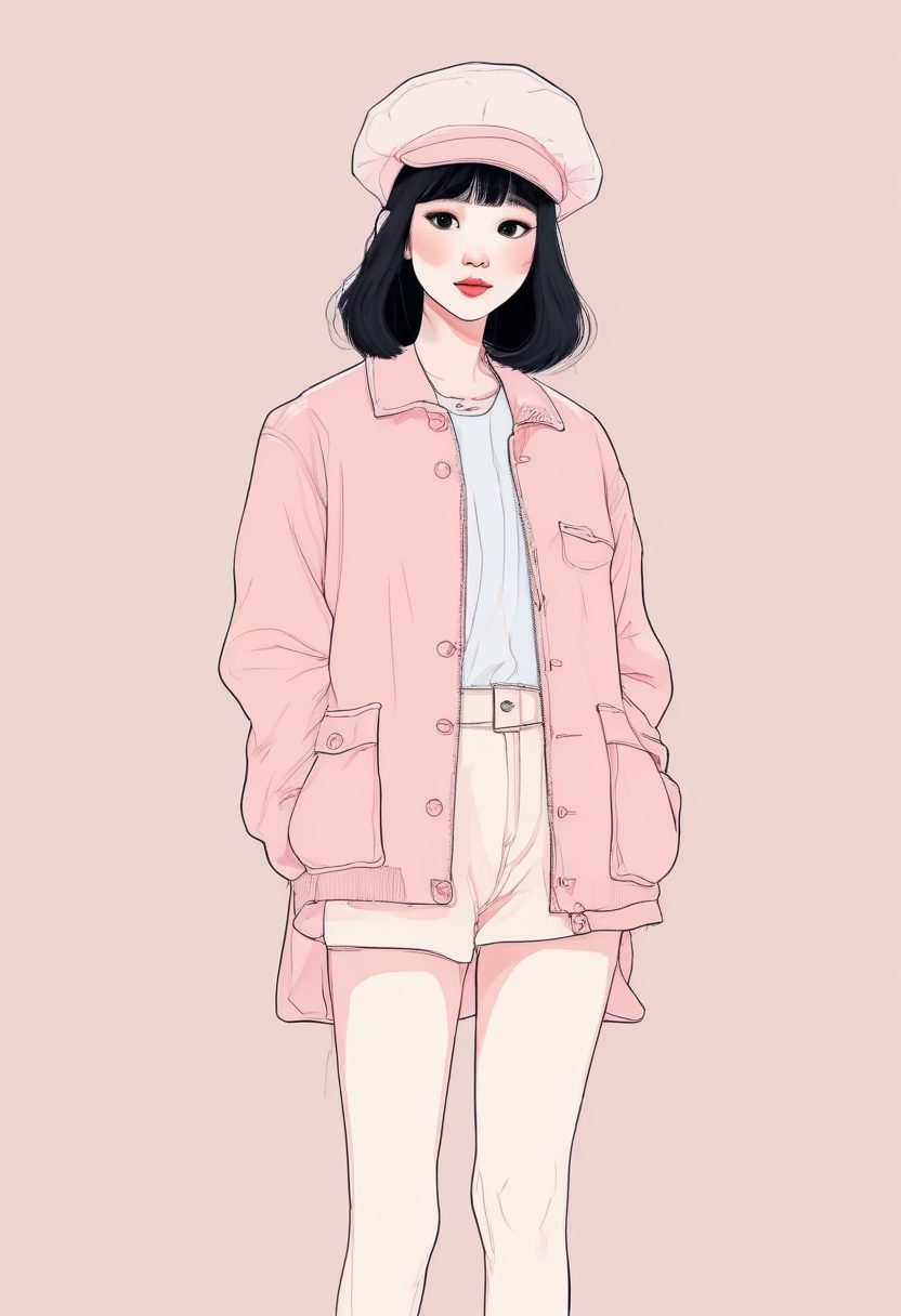 🍩甜美风！小香风外套韩系少女极简线稿插画，全身照纯色背景壁纸