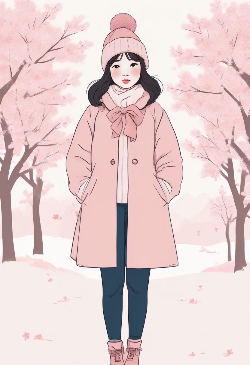 🎀甜系穿搭：极简线稿插画，冬日蝴蝶结少女全身照，粉色背景