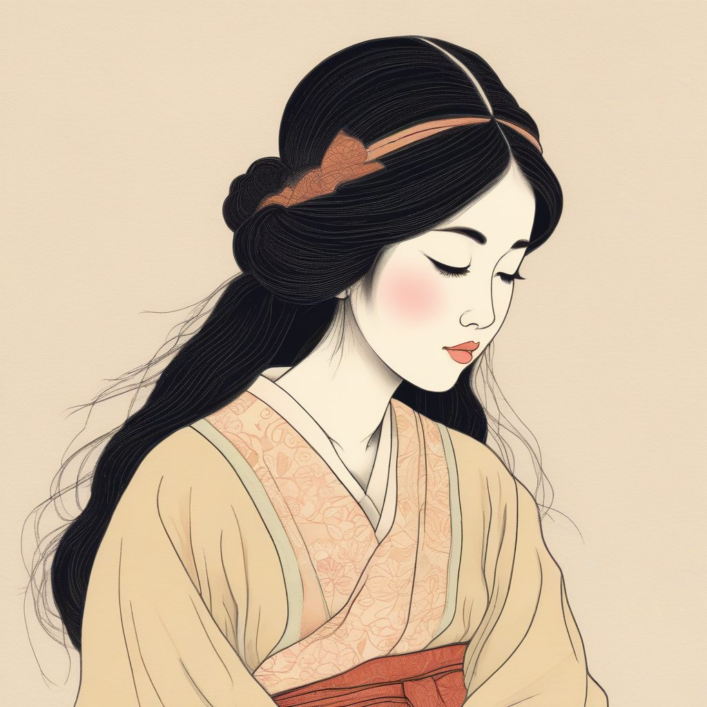 甜系治愈:软萌日系女孩闭眼沉思,极简纯色背景美学