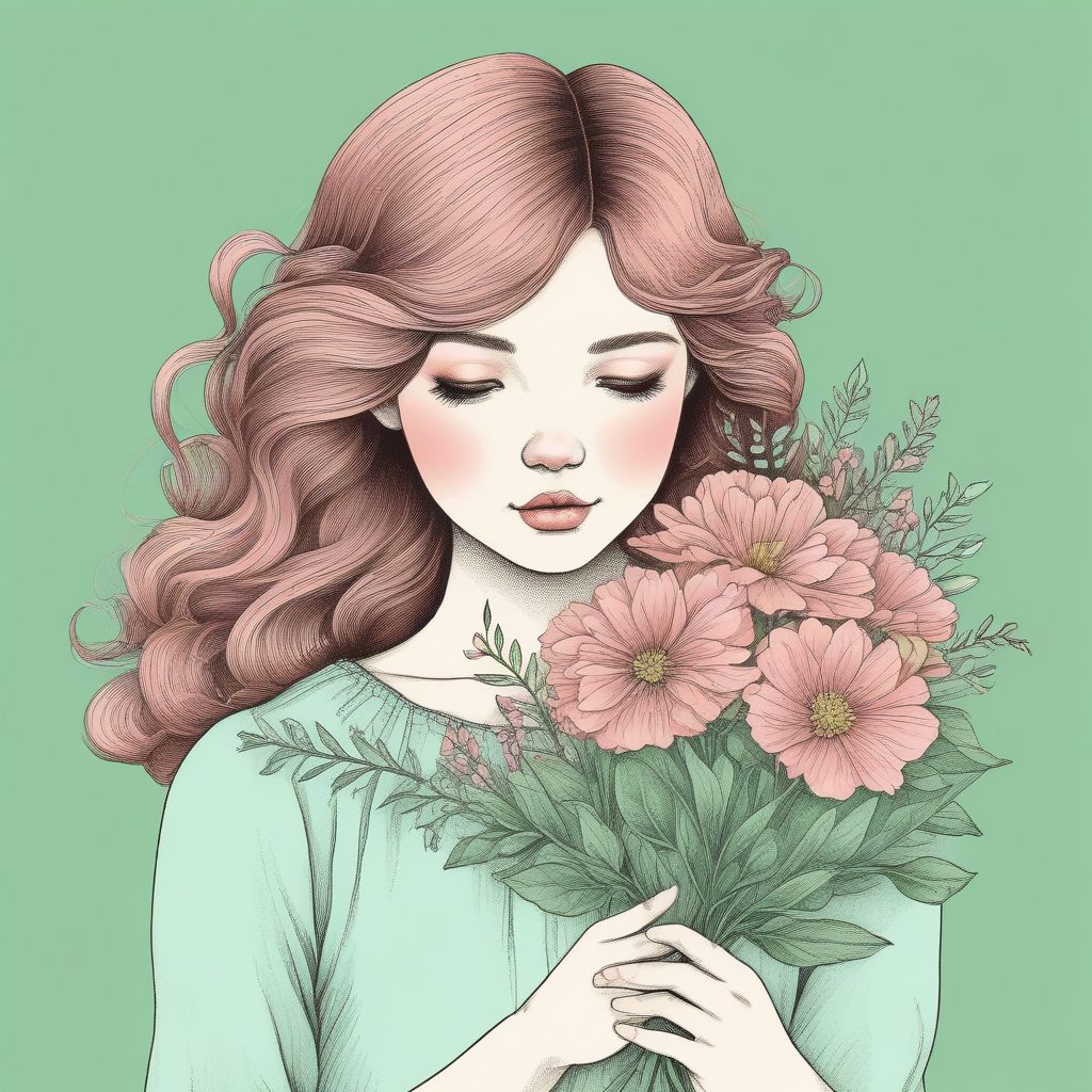 田园清新:AI绘制手拿一束小花的粉蓝系园艺少女插画