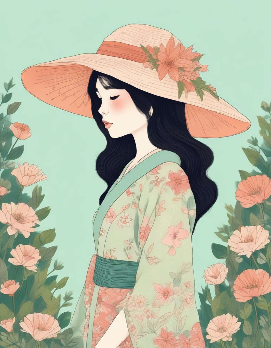 田园碎花裙少女:Cottagecore风线稿插画纯色背景搭配