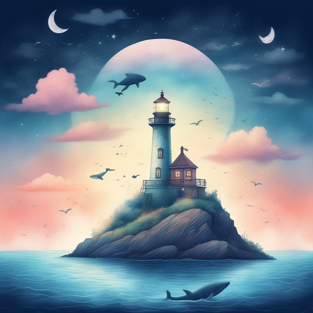 童话插画| 漂浮的灯塔与鲸鱼，梦幻系AI壁纸拿来做背景图绝了