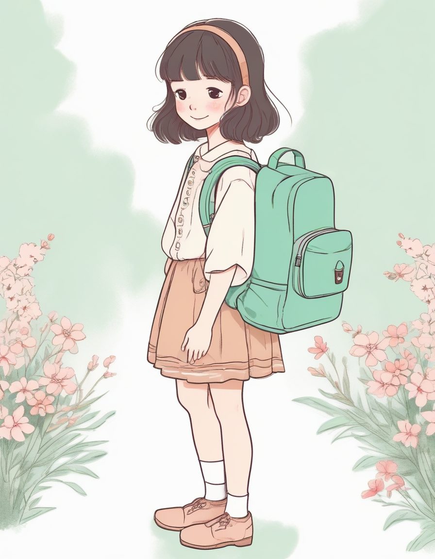 童年记忆:背着小书包的可爱少女线稿插画怀旧风