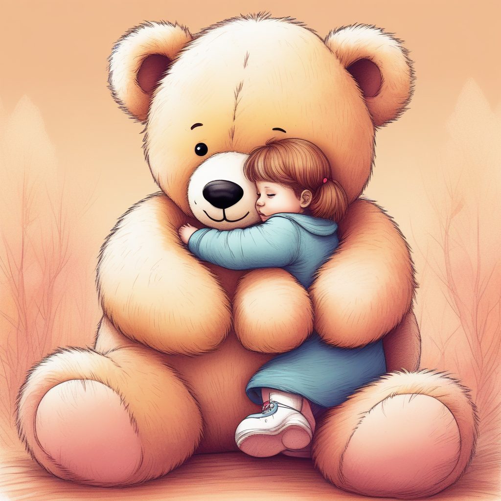 童年治愈|小女孩和巨型泰迪熊,蜡笔画风温馨插画