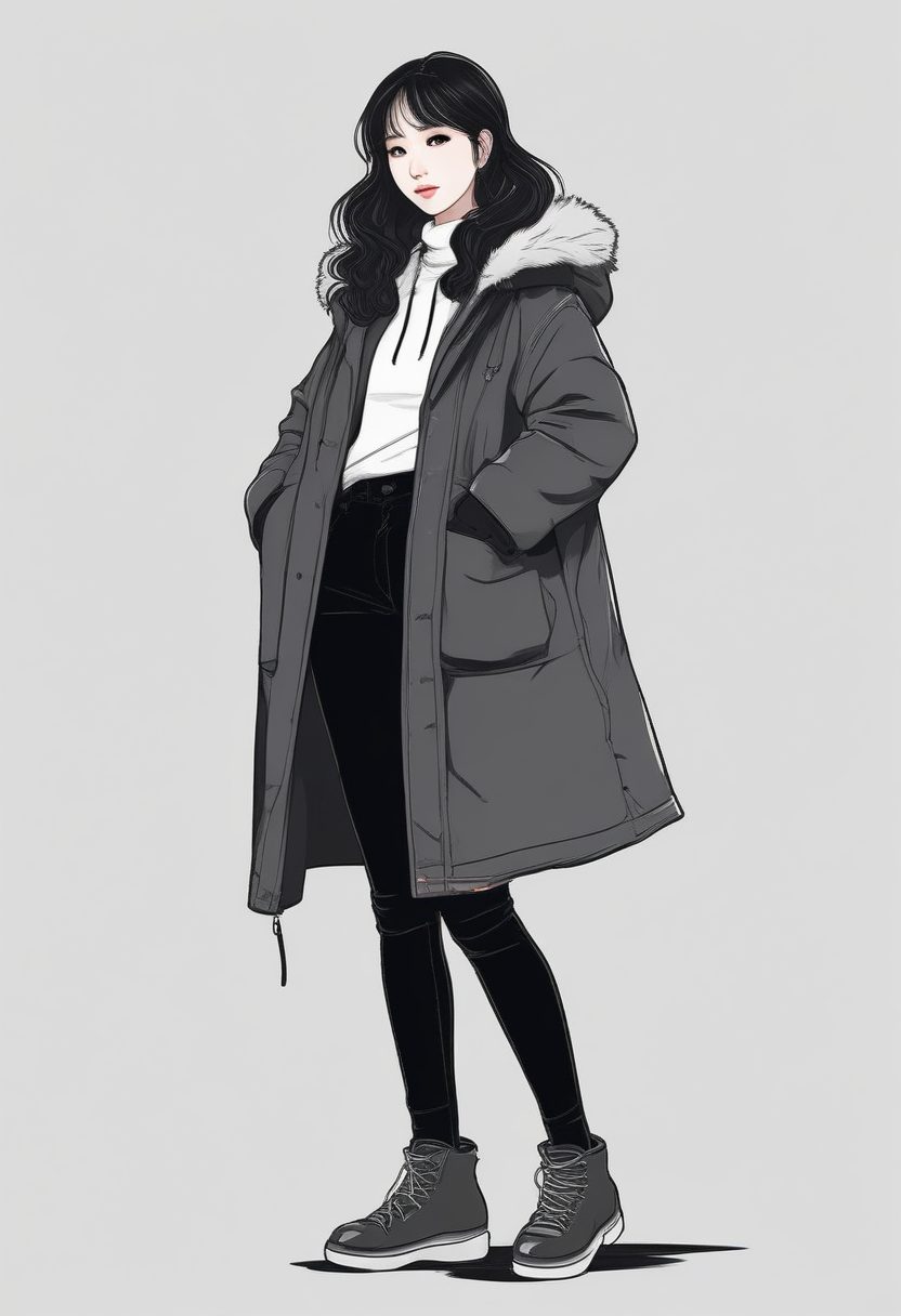 通勤女孩必备！极简线稿插画，长款羽绒服+厚底靴，纯色背景手机锁屏