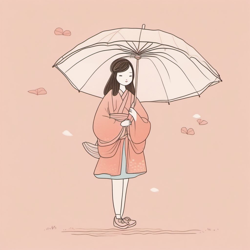 透明雨伞女孩:治愈系雨天线稿构图与粉蓝配色