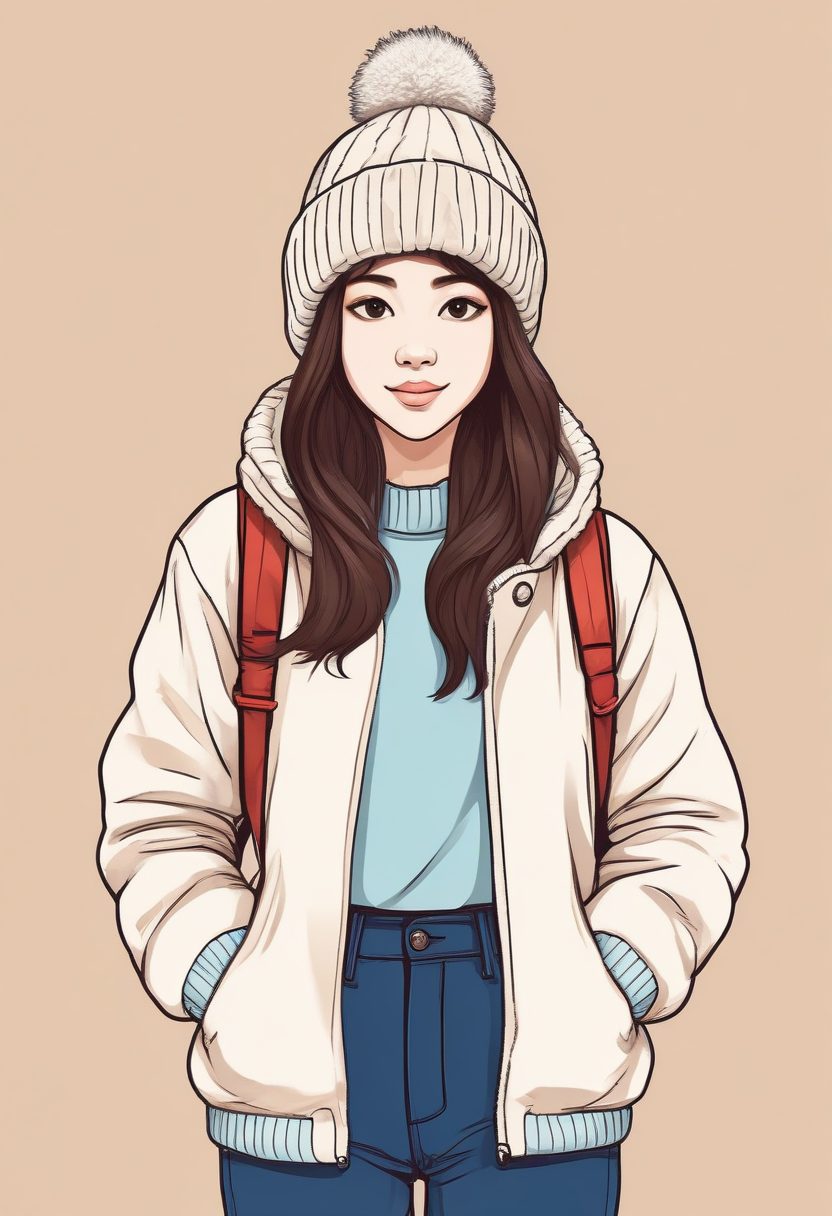 ✨ 万能适配：极简线稿插画，冬日穿搭针织帽少女全身像，纯色壁纸。