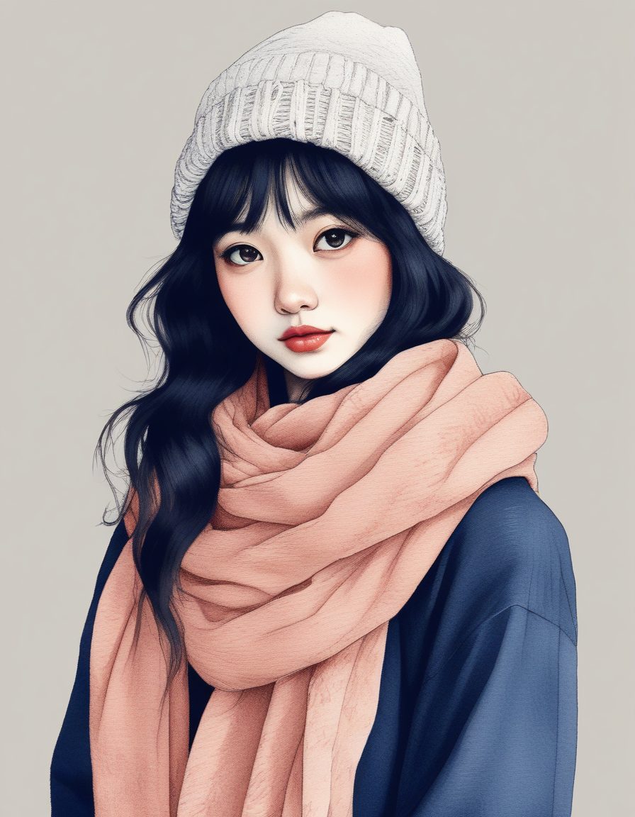 围巾Look:冬季治愈系毛线围巾日系线稿肖像纯色背景