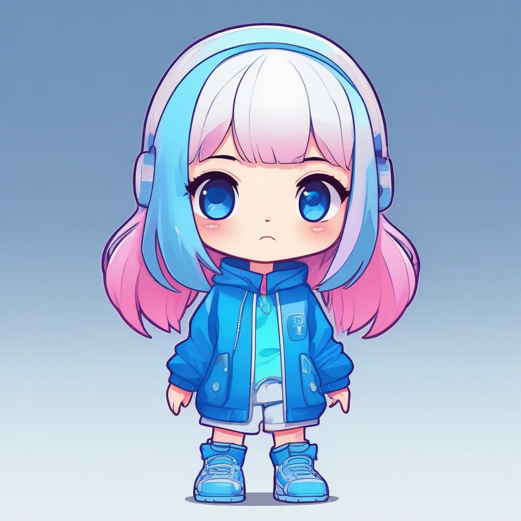 👽未来主义Y2K Chibi！超酷工装风Q版全身像，纯电光蓝背景