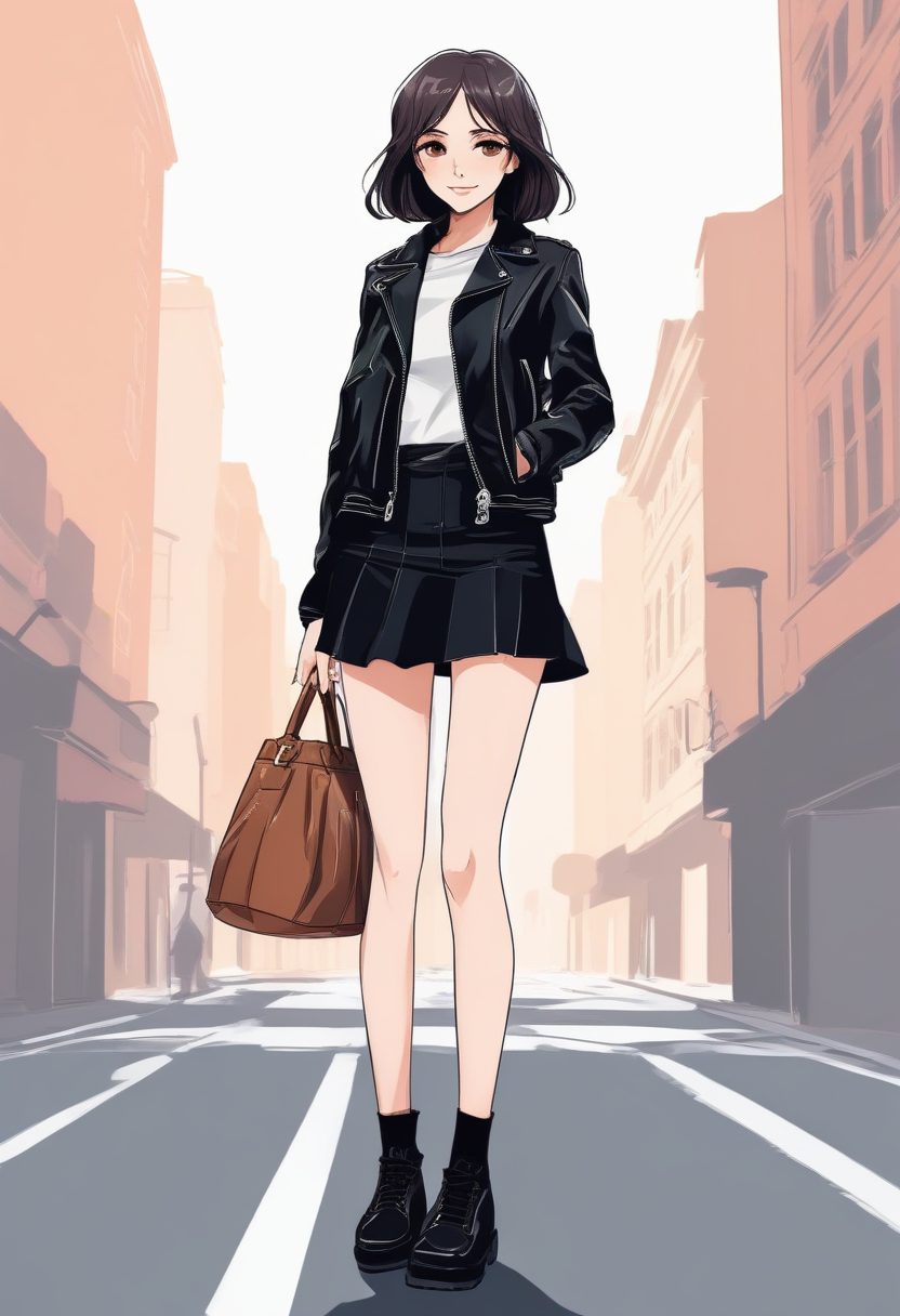 微甜酷女孩！极简线稿插画：皮夹克+短裙时尚女孩全身像，个性头像！