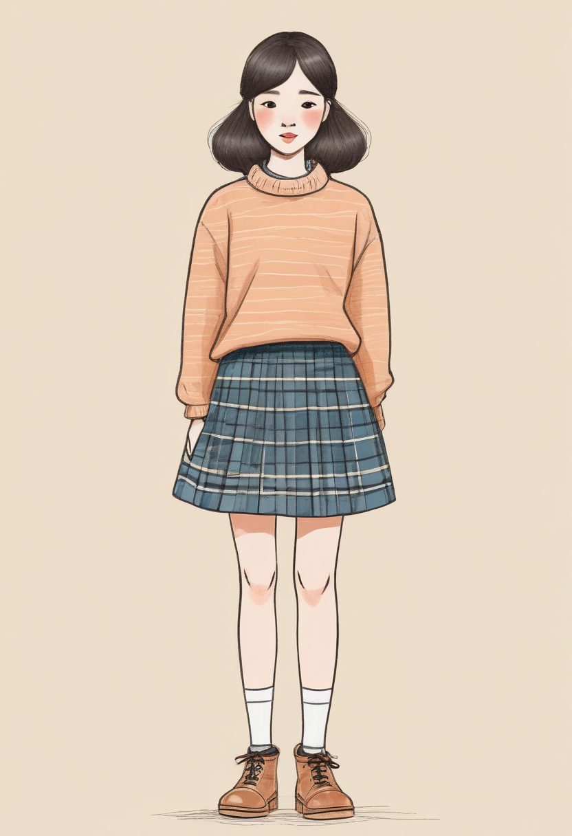 🧸温柔奶油风：极简线稿插画，可爱少女冬日全身照，高清壁纸生成