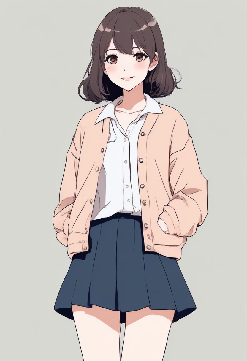 温柔系穿搭！极简线稿插画：短款开衫+短裙时尚女孩全身像，干净治愈！