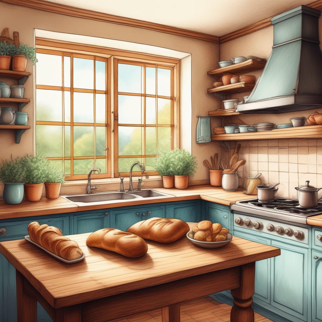 温馨厨房插画：手绘暖色调室内风景，童话书治愈风