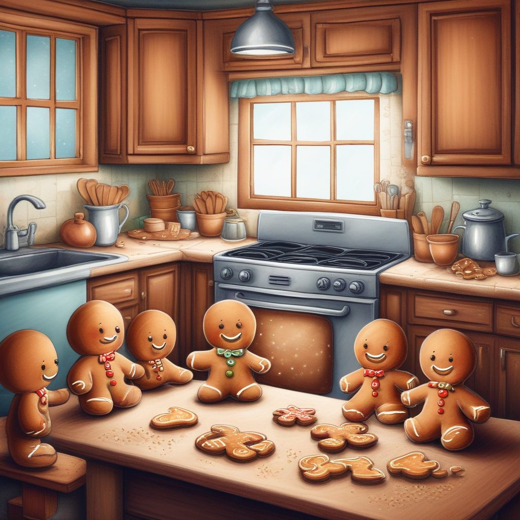 温馨厨房手绘:食物拟人化,蜡笔画烘焙场景AI提示词