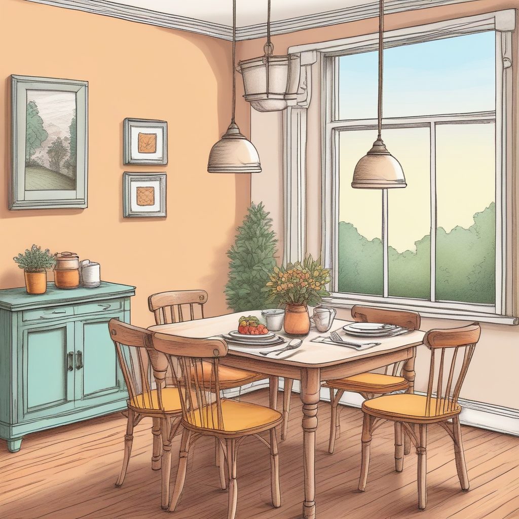 温馨家装：极简奶油风餐桌插画，软边彩色铅笔+纸张质感，吃饭都变香了