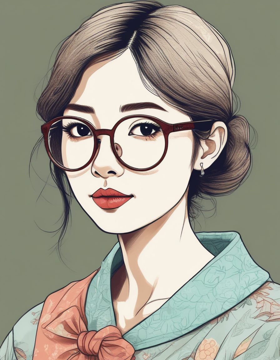 文艺范AI插画:戴眼镜日系少女的温馨蜡笔手绘线稿