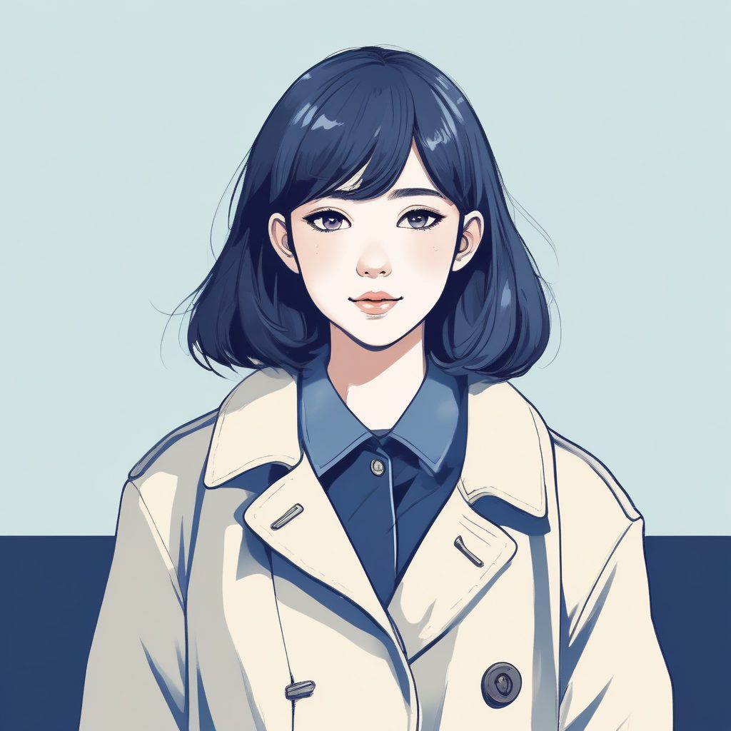 📚文艺复古 | 牛角扣大衣少女全身线稿图,深蓝色系低饱和配色