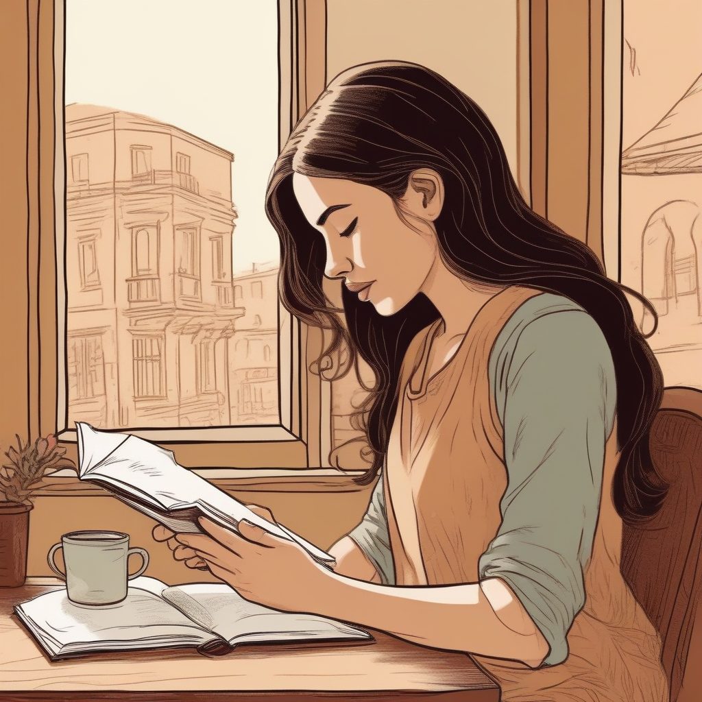 文艺日常：AI绘制在咖啡馆专注阅读的侧影插画