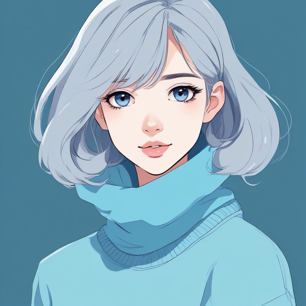 🌊雾霾蓝高领毛衣 | 简约慵懒风少女全身线稿图,日系头像素材