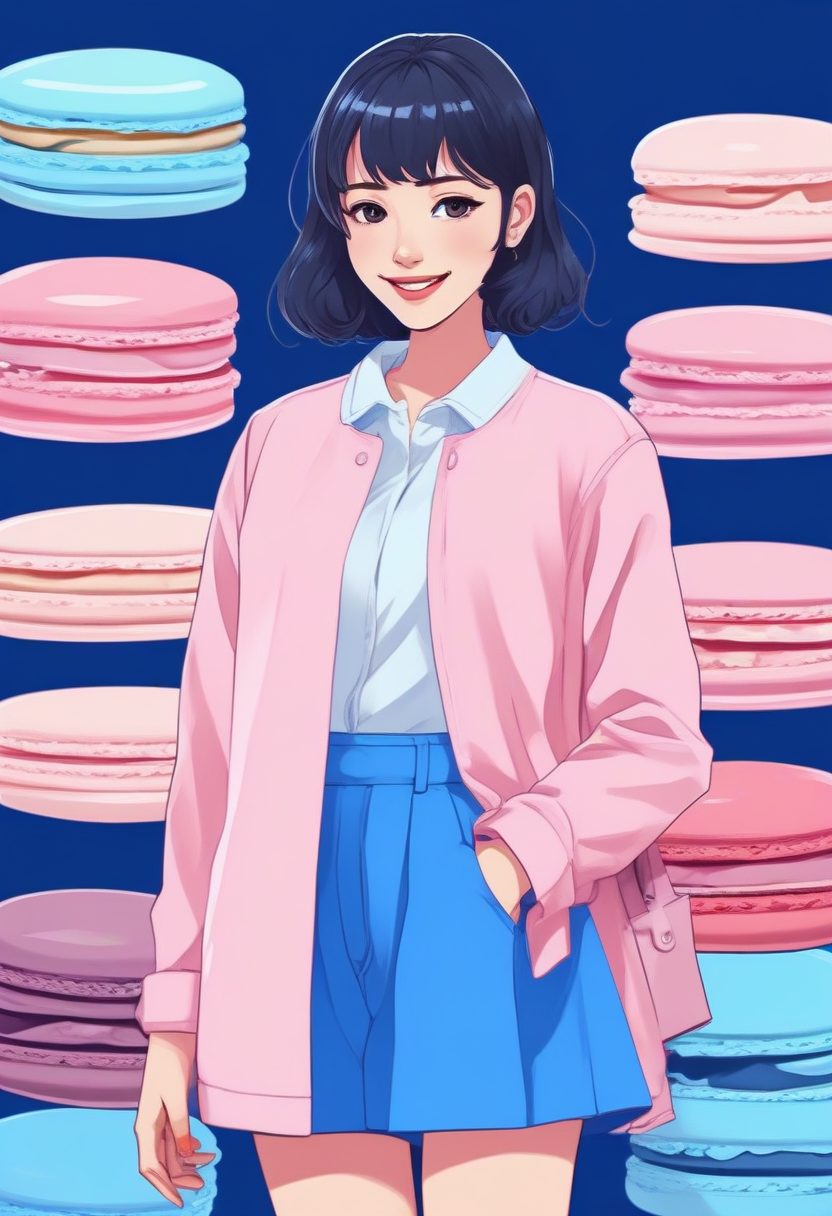 无损壁纸：极简动漫风粉蓝系软萌女孩全身像，高分辨率模板