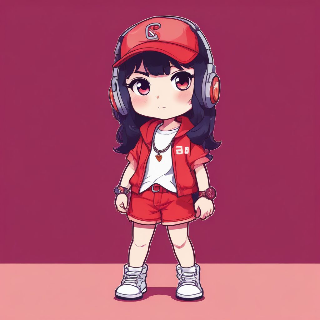 🎤舞台麦克风Chibi：嘻哈街头风Q版全身像，纯红背景