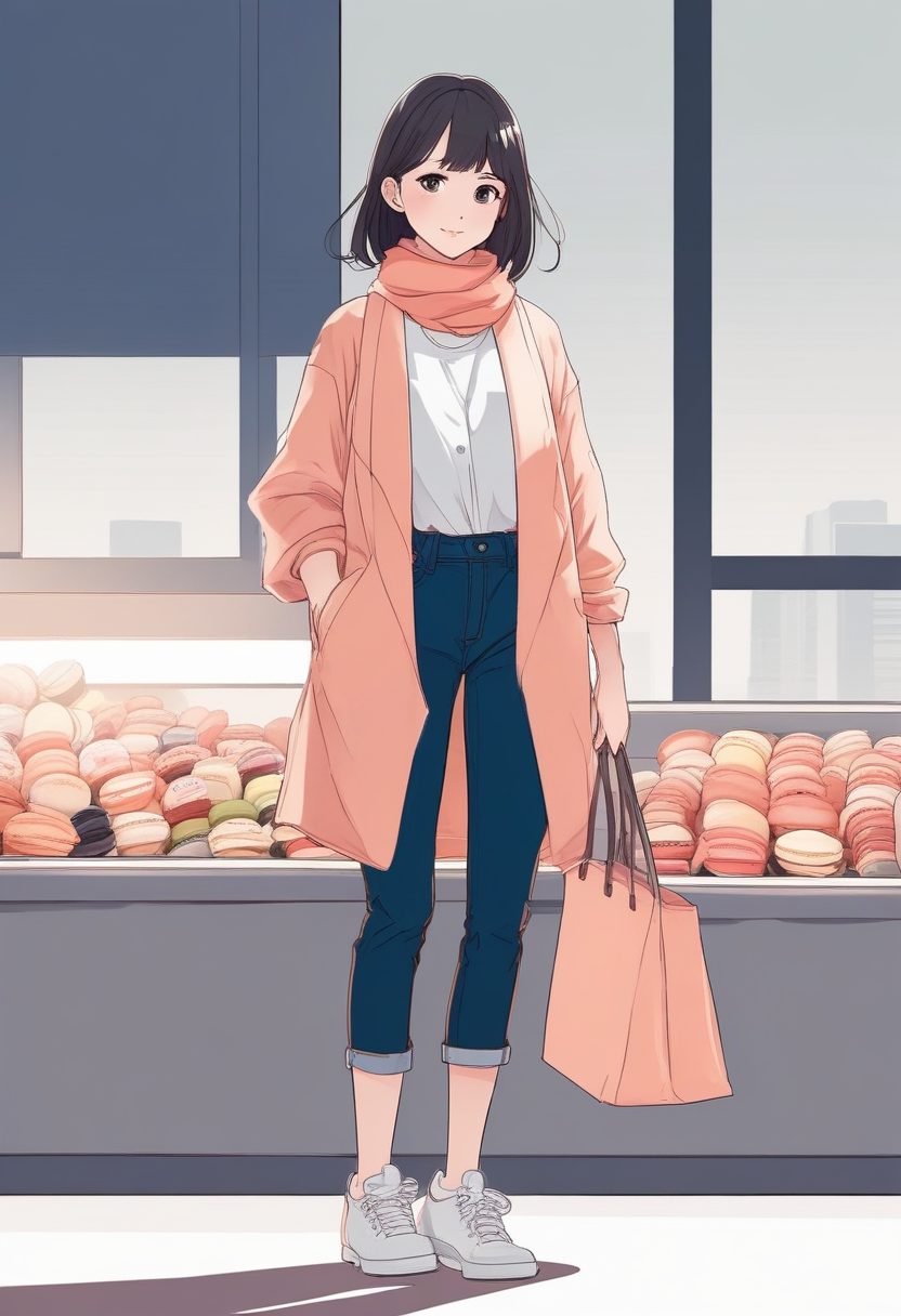 细节控必备！极简线稿插画：配饰围巾+简约上衣时尚女孩全身像，氛围感！