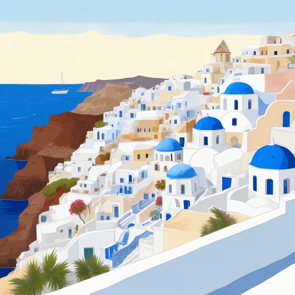 🇬🇷希腊圣托里尼蓝白建筑！地中海清新治愈系手绘插画！