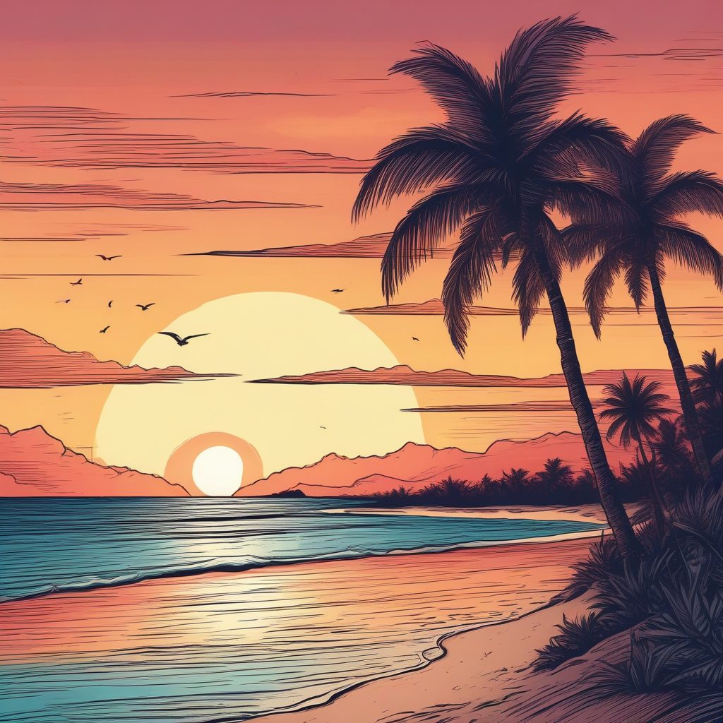 🏖️ 夏日海滩日落：治愈系马克笔蜡笔画风景观插画