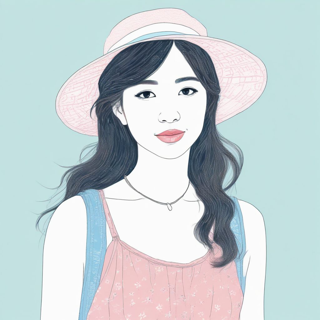 夏日清爽:AI生成日系女孩的粉蓝吊带裙插画