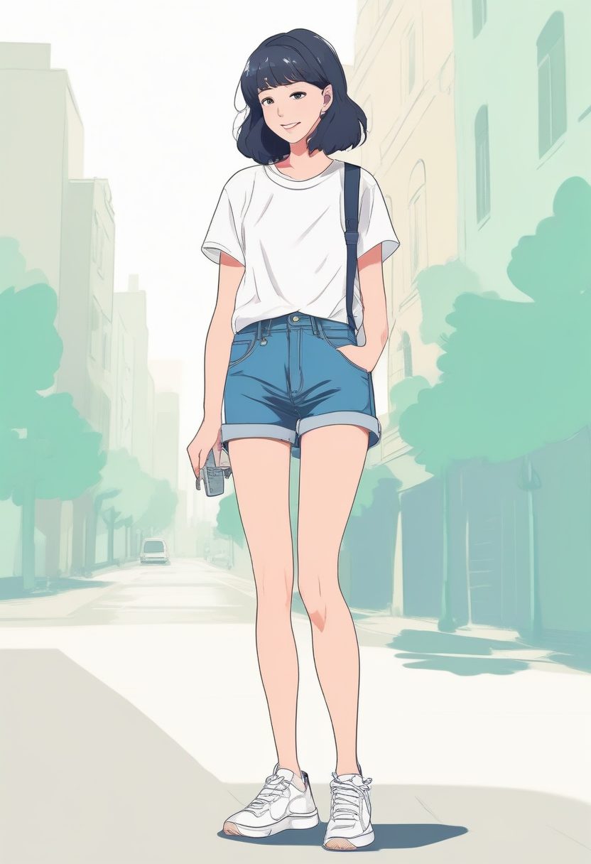 夏日清爽！极简线稿手绘插画：T恤+牛仔短裤时尚女孩全身像，干净治愈！