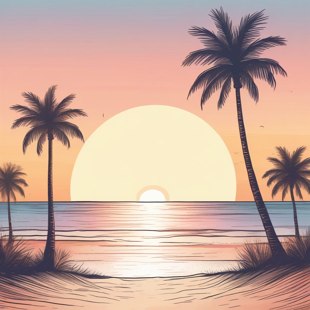 夏日限定！海边日落手绘插画，粉蓝配色，拿来做头像吧