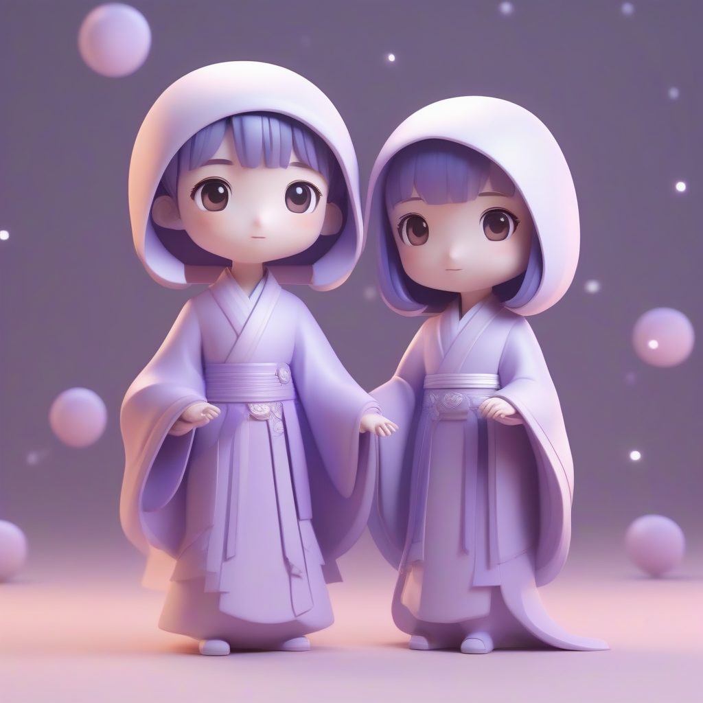 仙气飘飘古风情侣Q版：Octane渲染，超萌3D粘土人偶全身照