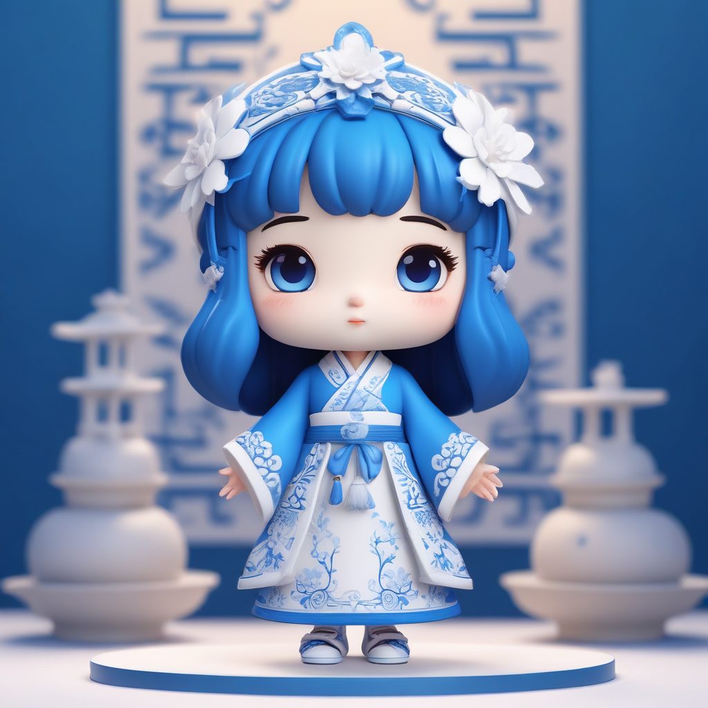✨仙气飘飘！青花瓷配色国风Q版女孩，C4D黏土风壁纸提示词