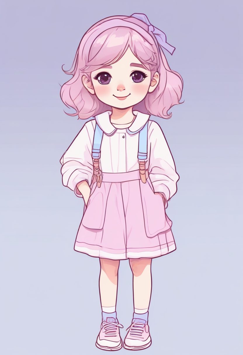 小红书爆款同款！超萌线条画，粉蓝系时尚女孩全身像，微笑治愈风