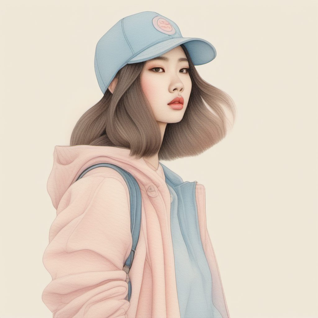 小红书爆款预定:极简线稿下的粉蓝系棒球帽少女