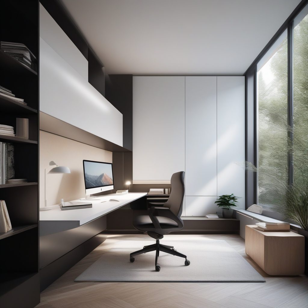 效率美学：墙面一体化办公空间，8K明亮温馨极简室内设计