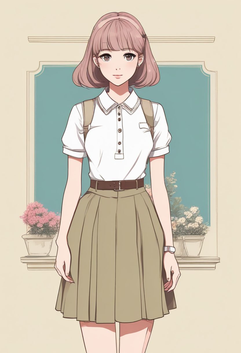 校园复古风！极简线稿插画：学院风Polo衫女孩全身像，高级感配色！