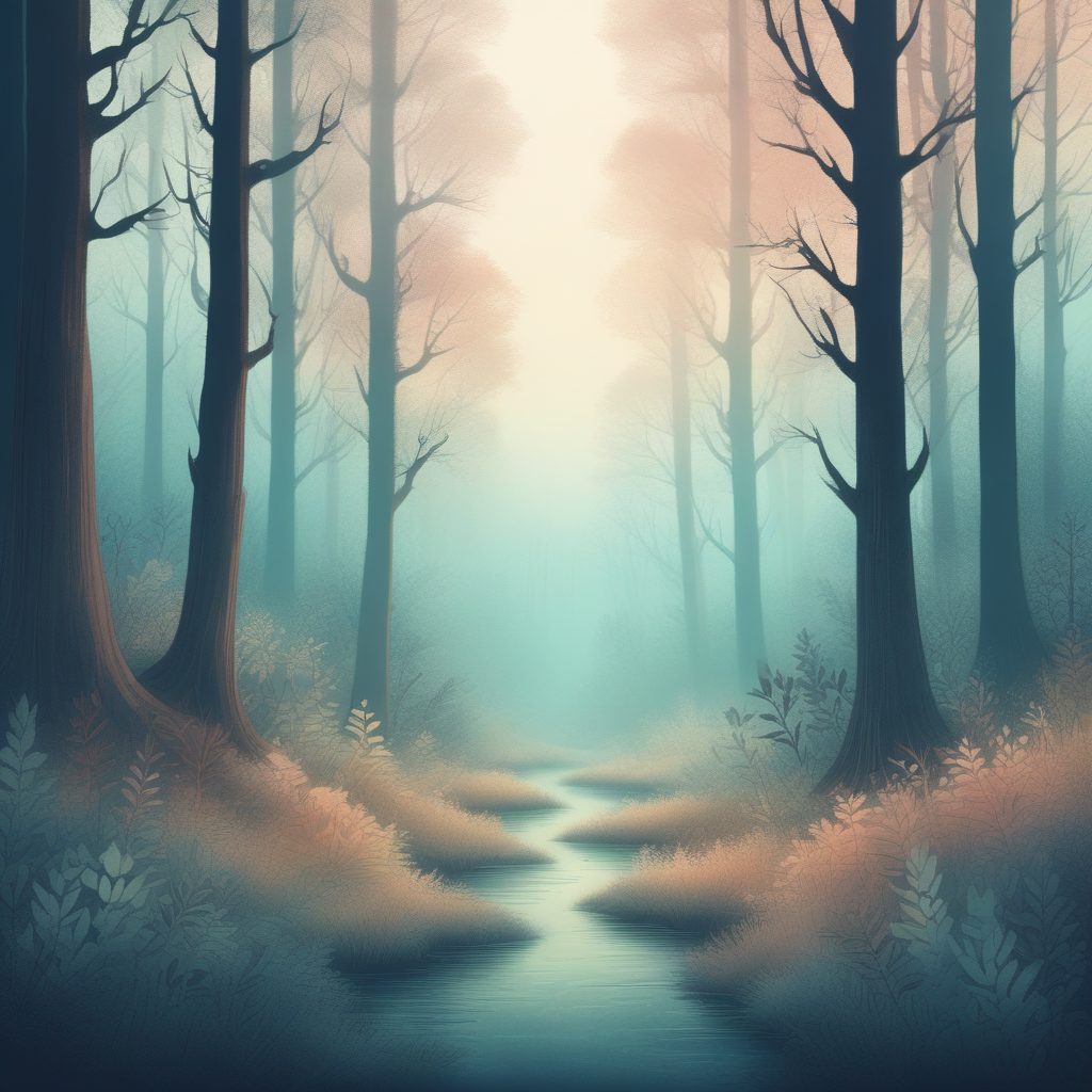 小众神仙图！迷雾中的奇幻森林，童话故事风插画提示词